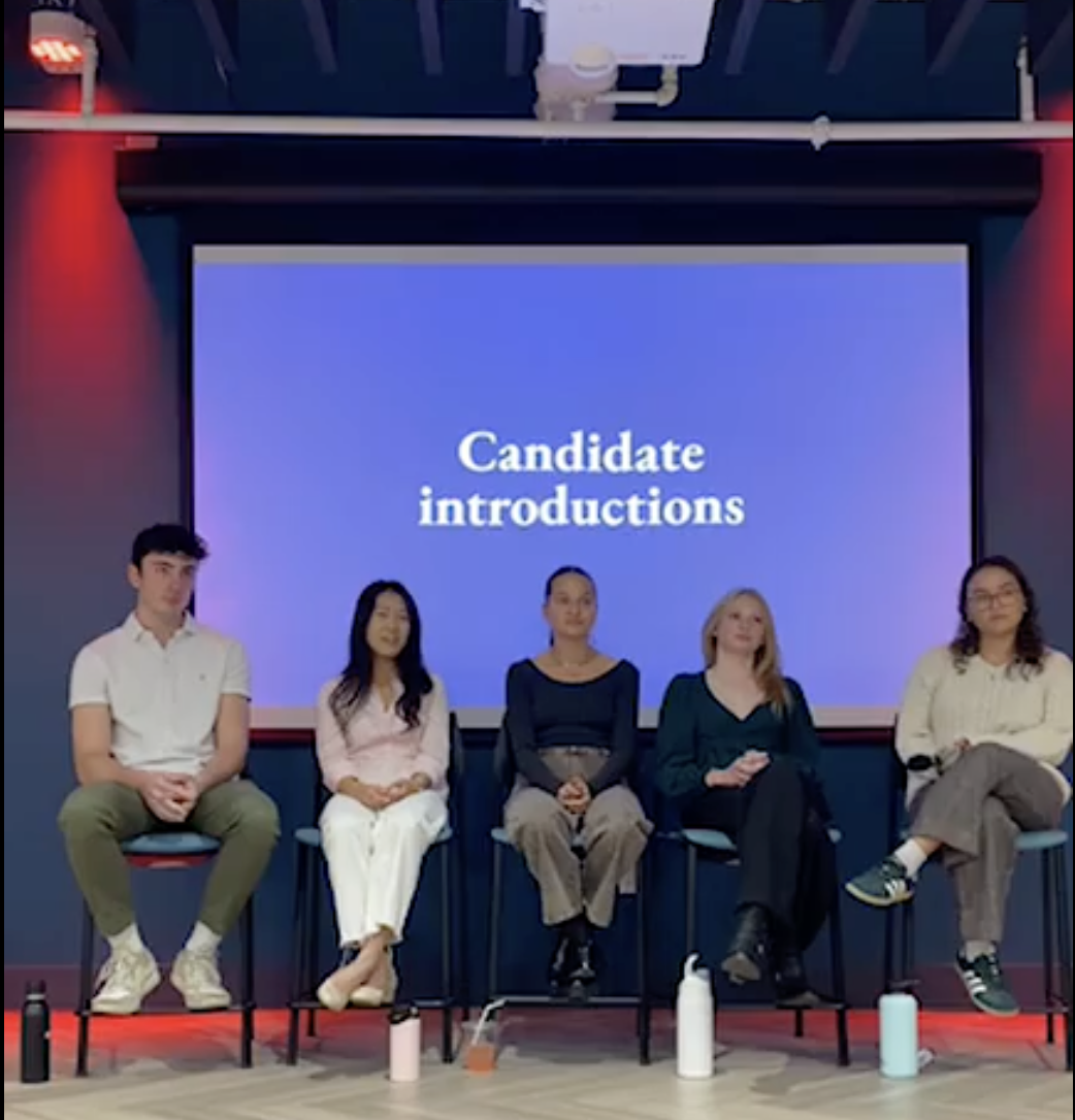 The five candidates for Student Government executive board each gave a 30 second introductions before questions began. (Photo by The Lafayette)